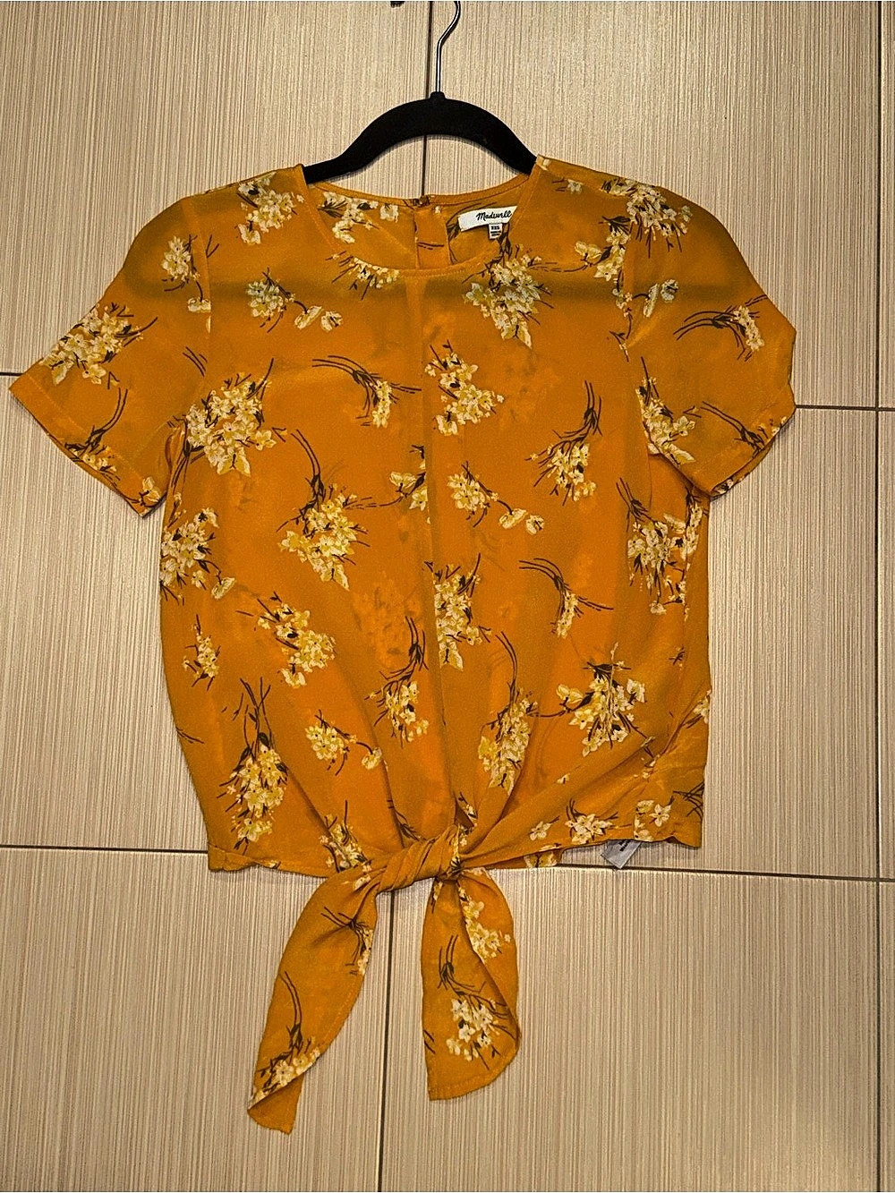 Madewell Silk Button-Back Tie Tee Floral Blouse Yellow & White XXS